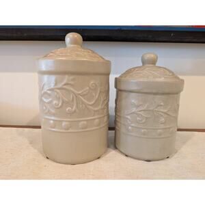 Set of 2 Lidded Tan Stoneware Crock Canisters Embossed Vine Design